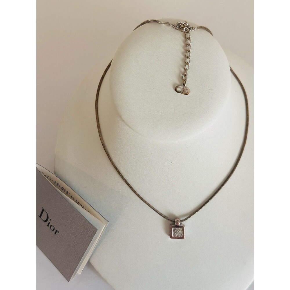 Vintage Christian Dior Reversible Square Crystal Pendant Necklace Silver Tone